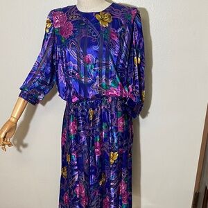 1990 Vintage Vibrant Floral Midi Dress in Purple, Blue and Yellow